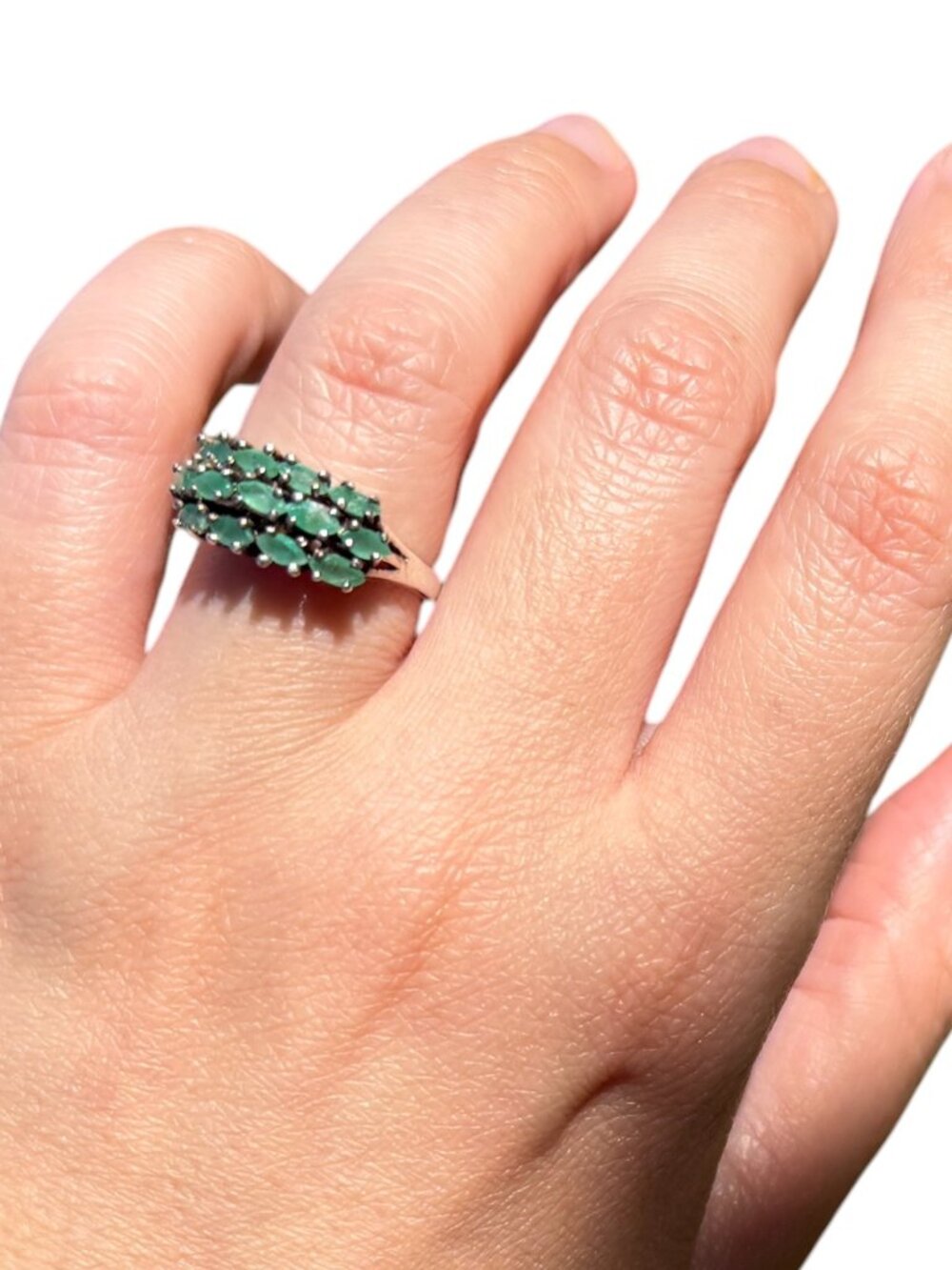 1970s Vintage Emerald Cluster Ring Sterling Silver Marquise Gemstone Size 6